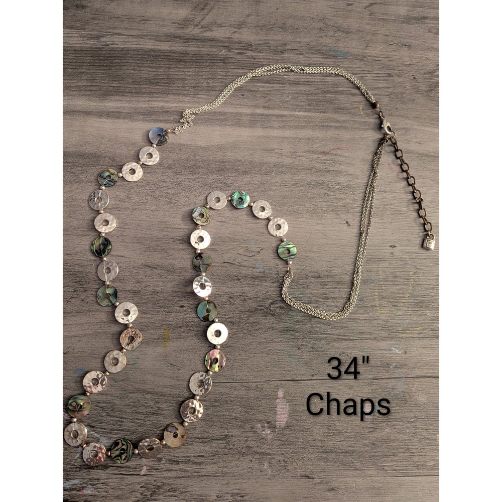 Chaps Womens Abalone Shell Hammered Silver Tone Station Long Necklace 34 Inch